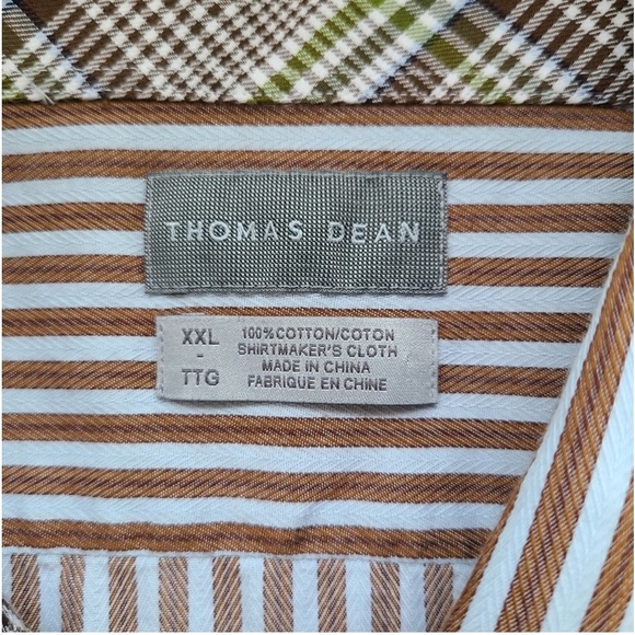 Men's Thomas Dean Blue Brown Striped Shirt XXL 100% Cotton Flip Cuff Casual - Picture 6 of 7